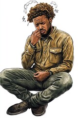 Obraz premium A contemplative figure sitting with a pensive expression, illustrating deep thought or concern.