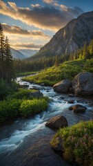 Scenic mountain landscape with rushing river flowing through lush, green valley surrounded by tall pine trees and rocky cliffs under dramatic cloudy sky