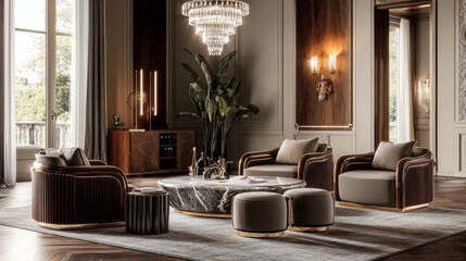 Luxury living room with handcrafted wooden armchairs, plush ottomans, a marble coffee table, and a classic crystal chandelier.