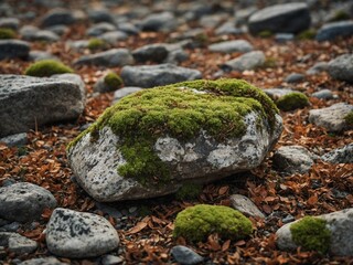 Moss-covered rocks on forest floor with fallen leaves, surrounded by other stones