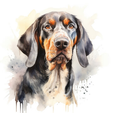 Watercolor painting of coonhound with white background