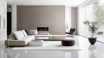 Minimalist modern living room with neutral color scheme, clean lines, and sleek furniture, embodying a calm and clutter-free space.