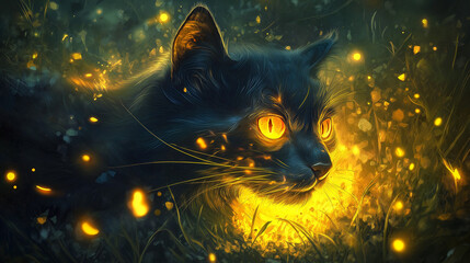 epic fantasy art, roaring cat with glowing bight orange eyes and yellow druid magic