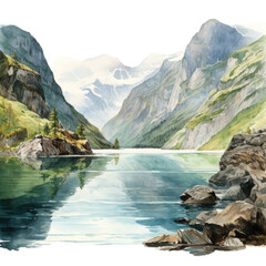 Watercolor painting of fjord with white background