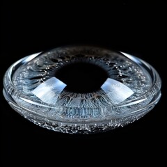 A close-up, high-resolution photograph capturing the intricate details and fine textures of a round, transparent contact lens against a black background