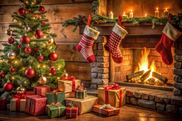 Cozy scene with stockings on a fireplace and a decorated Christmas tree
