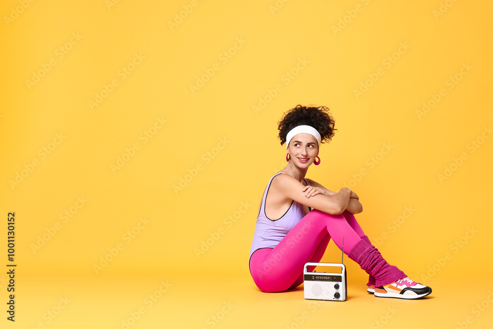 Sticker Aerobics. Woman with radio receiver on orange background, space for text