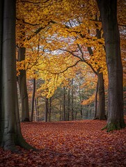 Fototapeta premium A view through a forest in autumn with golden leaves on the trees and fallen leaves on the ground.