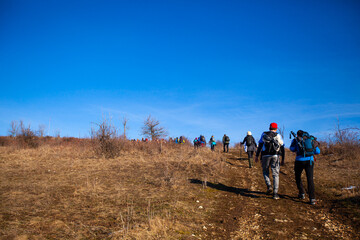 Group of Hikers Ascending a Mountain Trail in Early Spring