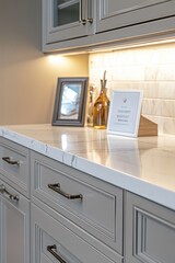 A modern kitchen countertop with decorative items and ambient lighting.