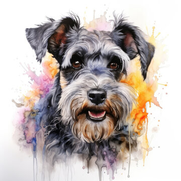 Watercolor painting of miniature schnauzer with white background