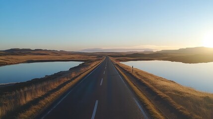 Fototapeta premium A scenic roadway in Iceland, stretching toward the horizon with precise road markings, flanked by serene lakes and a clear, expansive sky.