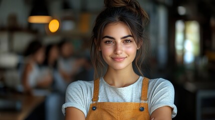 A confident young woman with a casual style stands in a modern coffee shop, smiling warmly with her arms crossed against a blurred background