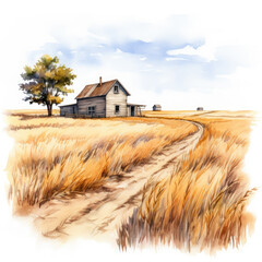 Watercolor painting of prairie with white background