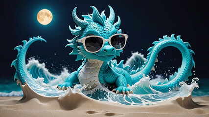 Cartoon  turquoise dragon in the water