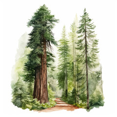 Watercolor painting of redwood forest with white background