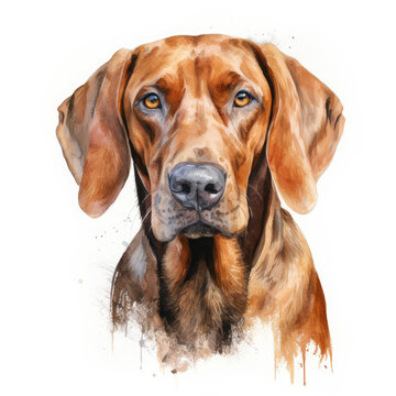 Watercolor painting of redbone coonhound with white background