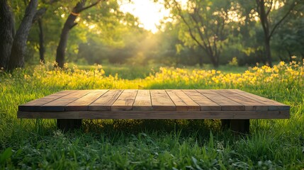 Naklejka premium Wooden Platform in a Summer Meadow