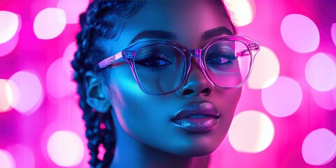 Fototapeta premium Female African-American Woman Specialist Analyzing Data in Augmented Reality Cyberworld