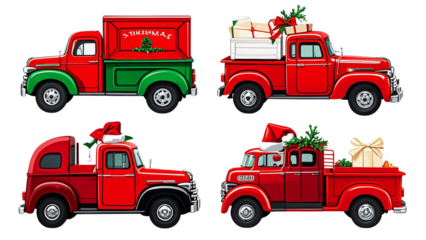 Set of Four Christmas truck png cut out image set on the White Background....