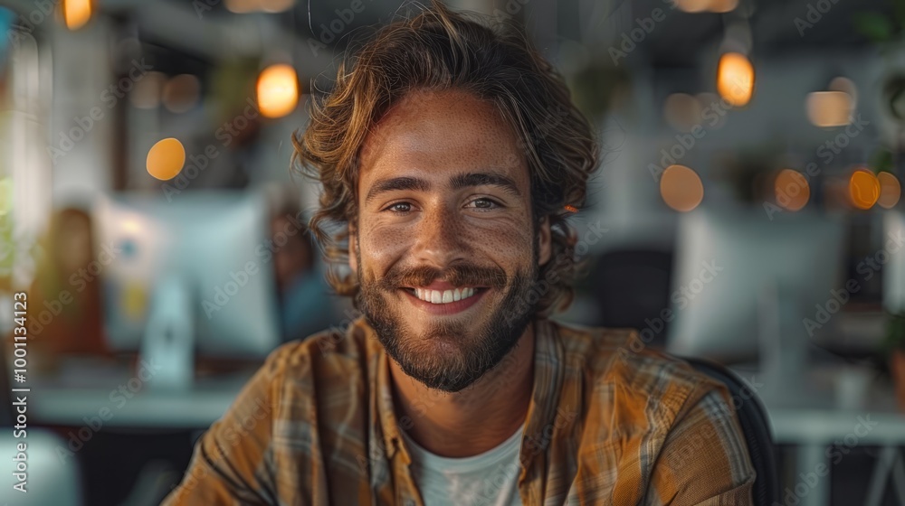 Poster A man with a beard and a smile is sitting in front of a computer