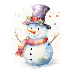 Watercolor painting of snowman with white background