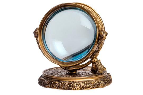 a round gold and blue mirror.