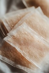 A close-up of translucent packets containing a granular substance.