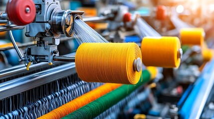 Yellow yarn runs through an industrial textile machine, a close-up glimpse of craftsmanship in action.