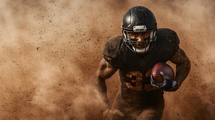 A football player in black gear charges forward, clutching a ball amidst a cloud of dust. Intense energy fills the scene. The atmosphere is charged with excitement. American Football Concept