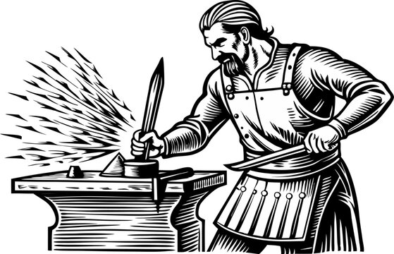 recommend clip art: Vintage Blacksmith Creating Sword with Anvil and Sparks