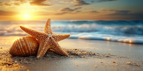 A serene beach scene at sunset with a focus on a starfish and seashell on the sandy shore, with gentle ocean waves in the background
