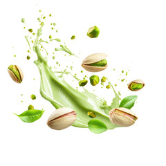 Splash of pistachio cream with nuts and leaves