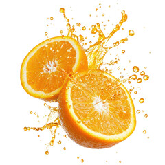 Fresh orange halves bursting with juice and splashes