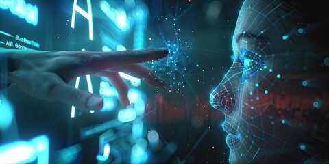 a human hand reaching out towards a digital face made of blue wireframe and connected nodes, symbolizing the interaction between AI and humans in a high-tech, glowing environment.