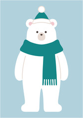 クリスマスの白熊のベクターイラスト。冬、マフラー、帽子、シロクマ、ホッキョクグマ