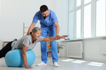 Fototapeta premium Physiotherapist working with senior patient in rehabilitation center