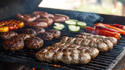 A sizzling grill filled with burgers, sausages, and vegetables, with smoke rising under a clear sky.
