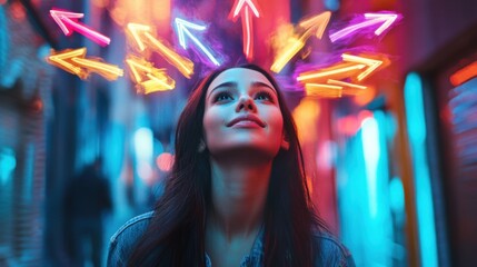 Fototapeta premium Young Woman in Dynamic Urban Scene with Direction Arrows