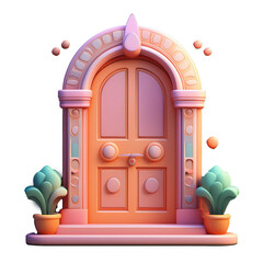 A pink door with a green plant in a pot next to it