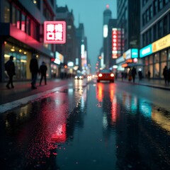 Rainy night cityscape, blurred neon lights reflecting in puddles on city street.