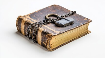 A book secured with a heavy chain and padlock, symbolizing information security and the protection of valuable knowledge