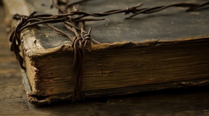 Obraz premium Closeup of an old book entwined in rusty barbed wire, representing themes of confinement, history, and the passage of time