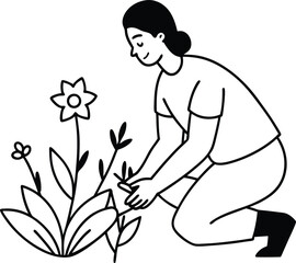 Kneeling in Bloom A Serene Moment of Planting Flowers in a Vibrant Garden Scene

