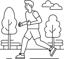 Vector illustration of a jogger running through a lush park path surrounded by trees
