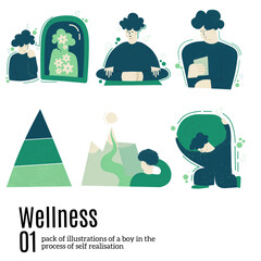 Set of illustrations of a boy meditation, observing himself in a mirror, lifting a weight and looking at a paper, a boy looking at a mountain with sun at the top and a triangle divided into 3 parts