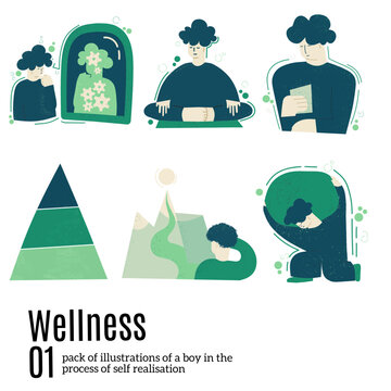 Set of illustrations of a boy meditation, observing himself in a mirror, lifting a weight and looking at a paper, a boy looking at a mountain with sun at the top and a triangle divided into 3 parts