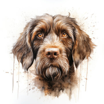 Watercolor painting of wirehaired pointing griffon with white background