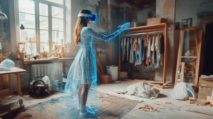 Una donna stilistacon visore VR interagisce con un progetto tridimensionale in realtà aumentata, rappresentando l'innovazione tecnologica e la creatività digitale.