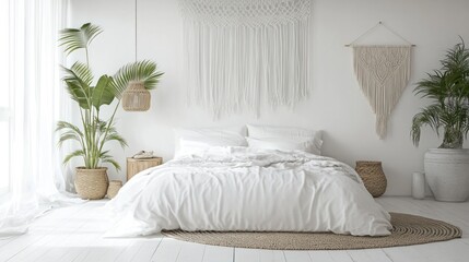 Minimalist White Bedroom with Macrame Wall Decor